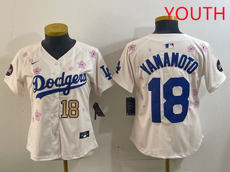 Youth Los Angeles Dodgers #18 Yamamoto Cream Sakura Edition 2025 Nike MLB Jersey style 13